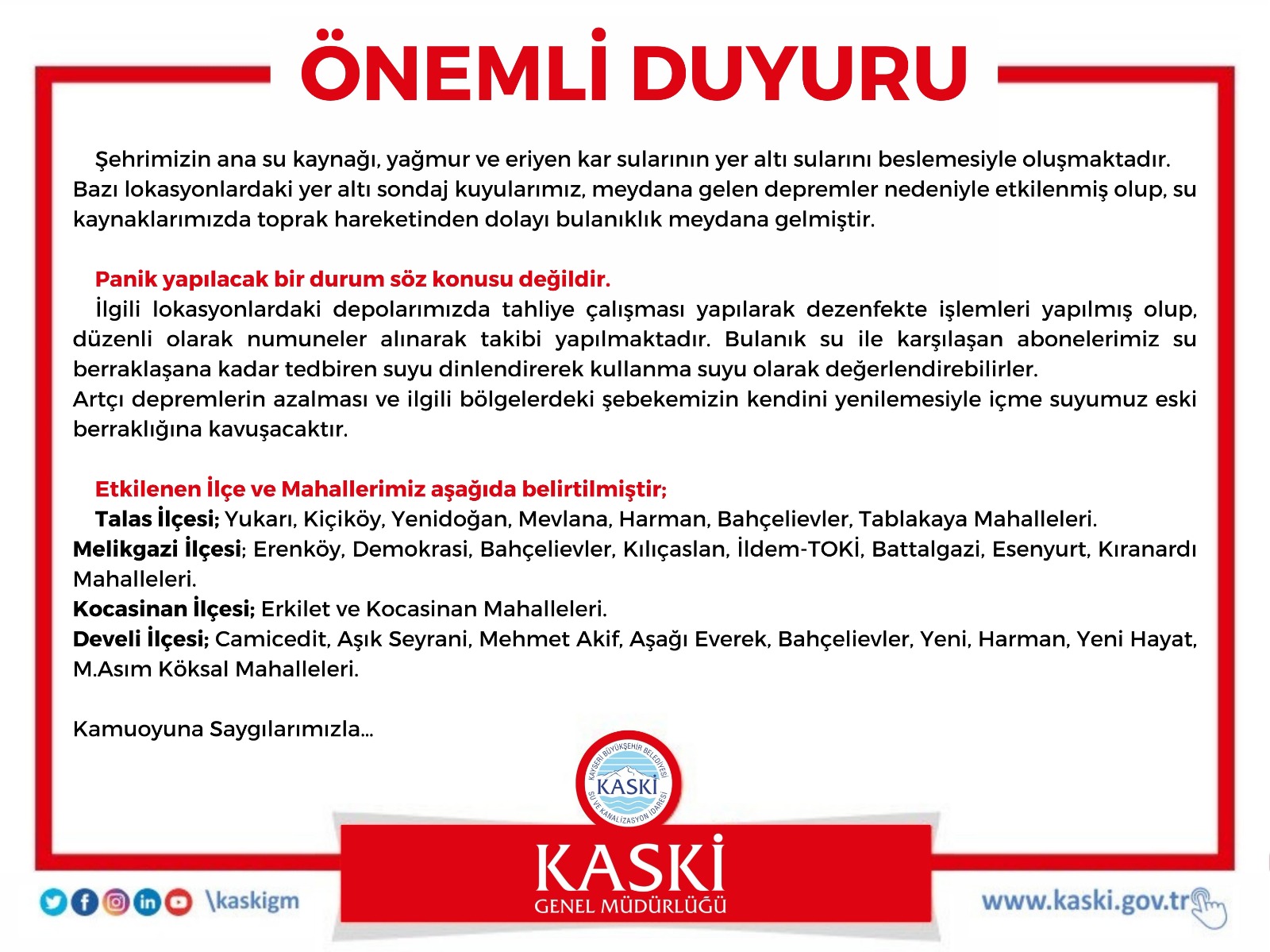 KASKİ’den Önemli Duyuru!