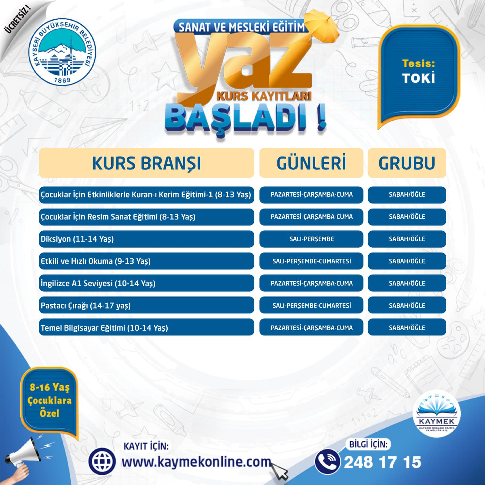 KAYMEK Sanat ve Mesleki Eğitim Yaz Dönemi Kurs Kayıtları Başladı