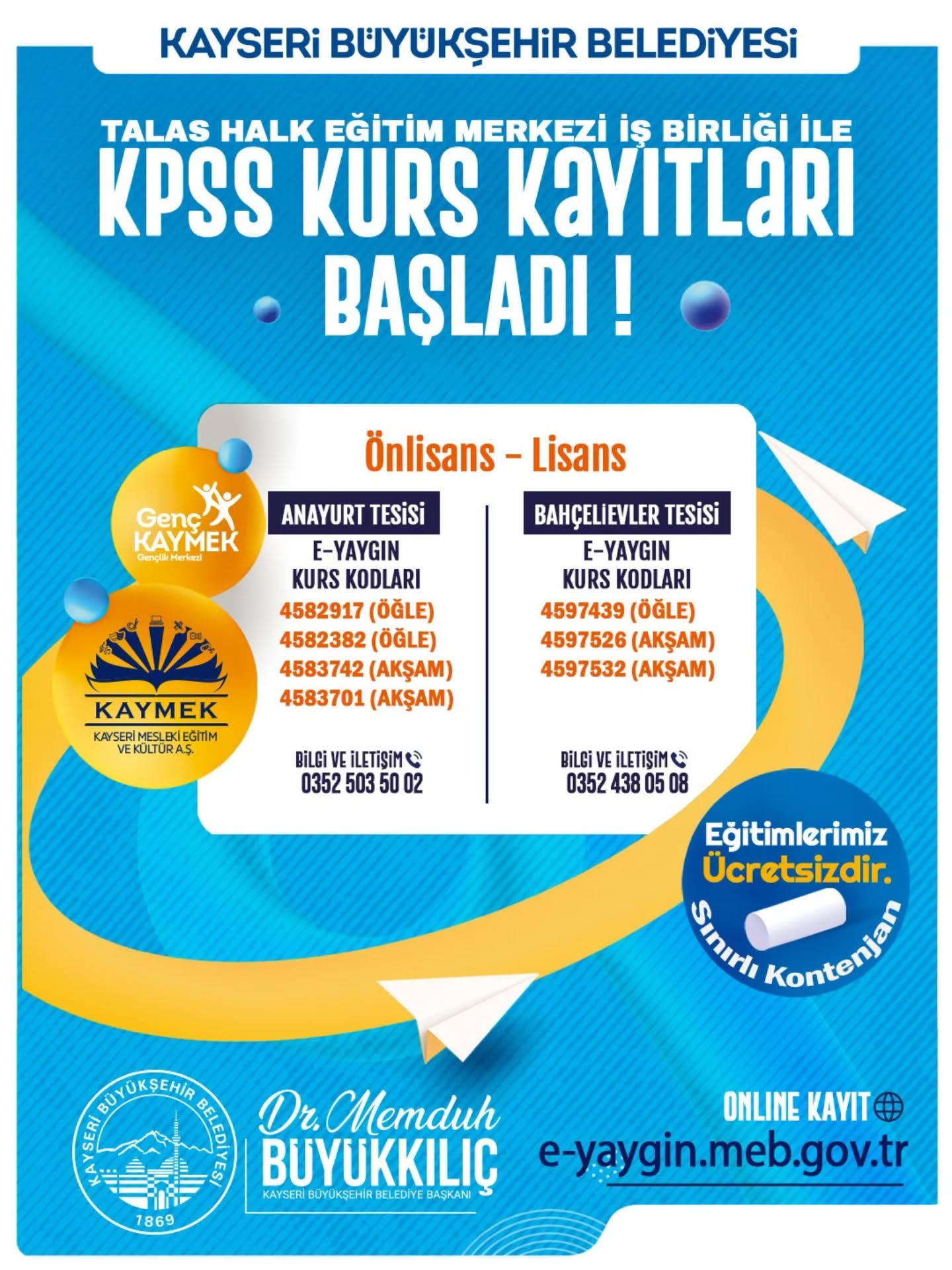 KAYMEK ve Talas Halk Eğitim Merkezi’nden Ücretsiz KPSS Kursu