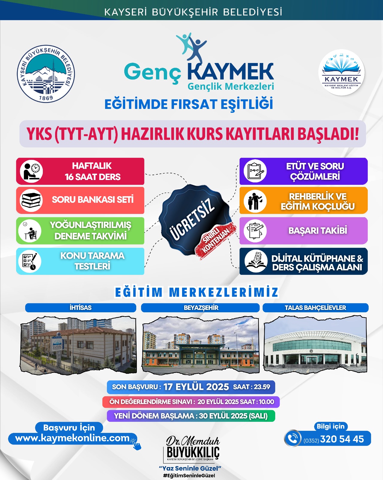 Kayseri Büyükşehir’den Gençliğe Güçlü Destek: Ücretsiz YKS Kurs Kayıtları Başladı